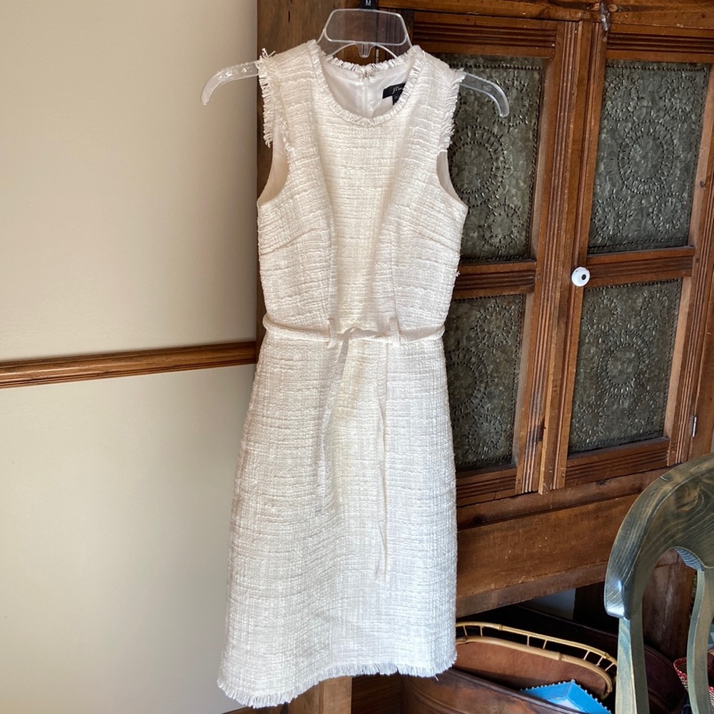 Cream tweed jcrew dress with separate tie belt